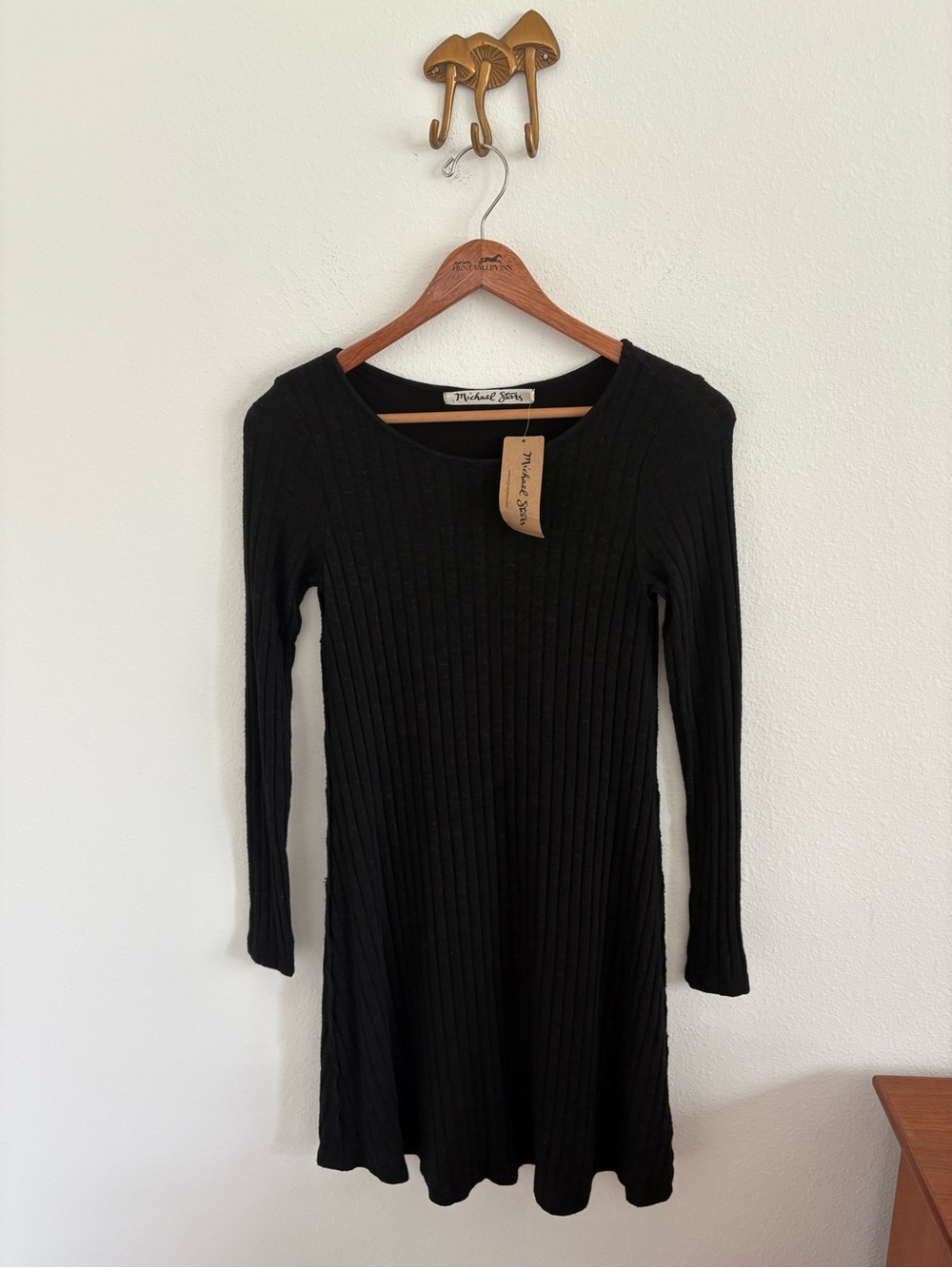 NWT Michael Stars Jasper Poor Boy Long Sleeve Crew Neck Dress Black Size XS